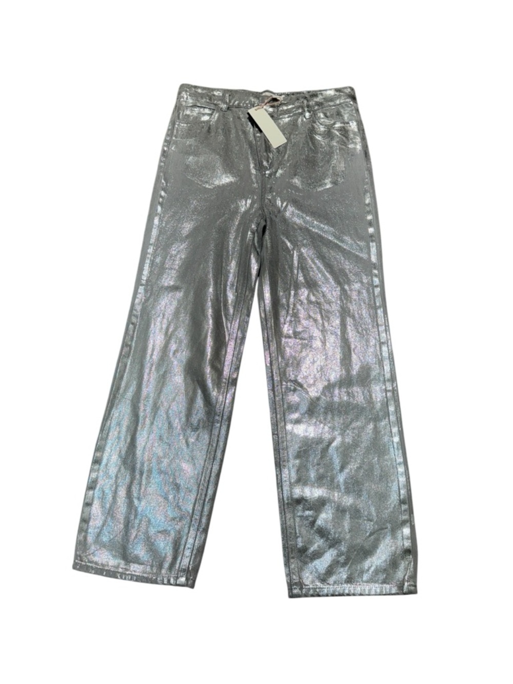 Gianni Bini Girls Foiled Metallic Silver Jeans Size 14 Straight Wide Leg Denim